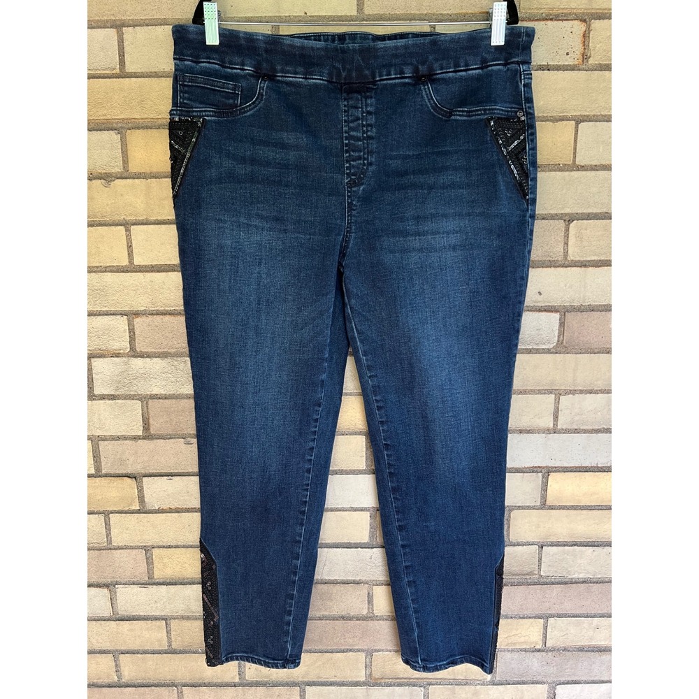 Chico's Pull On Jegging Ankle Jeans Dark Wash Black Sequin Accents Size 16R / 3R